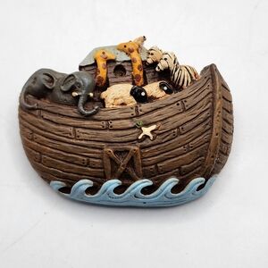 Noahs Ark Brooch Pin Giraffe Elephant Sheep Zebra 3" X 2" Brown Blue Animals